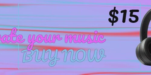 A promotional banner featuring a pair of black headphones on the right side with the text ‘$15’ above them. On the left side, there’s stylized text that reads ‘Illustrate your music buy now,’ set against a pastel background with horizontal streaks of pink and blue