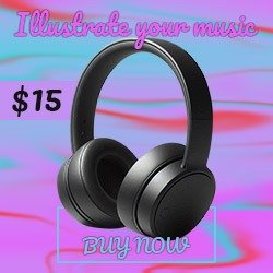 A promotional ad featuring black over-ear headphones against a background with pink and blue wavy lines symbolizing music or sound waves. The ad includes the slogan ‘Illustrate your music,’ displays a price of $15, and has a ‘Buy Now’ button.