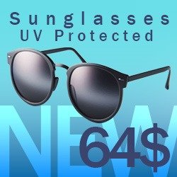 Promotional graphic featuring a pair of UV protected sunglasses with black frames and dark lenses. The background is a gradient of light to darker blue, with the text ‘Sunglasses UV Protected’ at the top and ‘NEW 64$’ at the bottom in bold, stylized fonts.