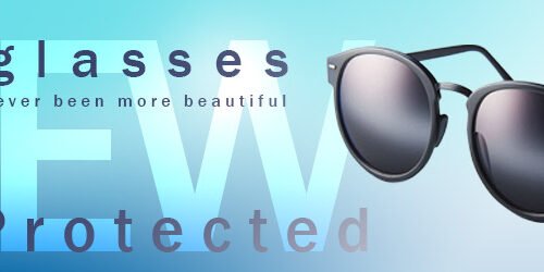 A banner featuring a pair of black sunglasses with the reflection of clouds on the lenses, placed against a gradient blue background. The text ‘Sunglasses NEW UV Protected’ is prominently displayed in large white and teal letters, with ‘Summer has never been more beautiful’ written above in smaller font. The price ‘$64’ is shown in the bottom right corner.