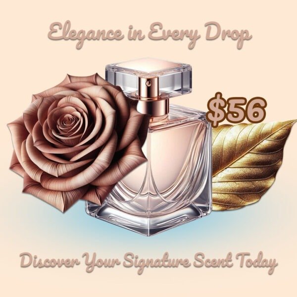 “Elegance in Every Drop” Photoshop advertisement template featuring a rose gold perfume bottle with a price tag of $56, accompanied by a decorative rose and golden leaf against a soft peach background. The text “Discover Your Signature Scent Today” is displayed at the bottom.