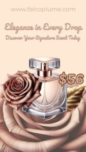 “Elegance in Every Drop” Social Media Story advertisement template featuring a rose gold perfume bottle with a price tag of $56, accompanied by a decorative rose and golden leaf against a soft peach background. The text “Discover Your Signature Scent Today” is displayed at the bottom.