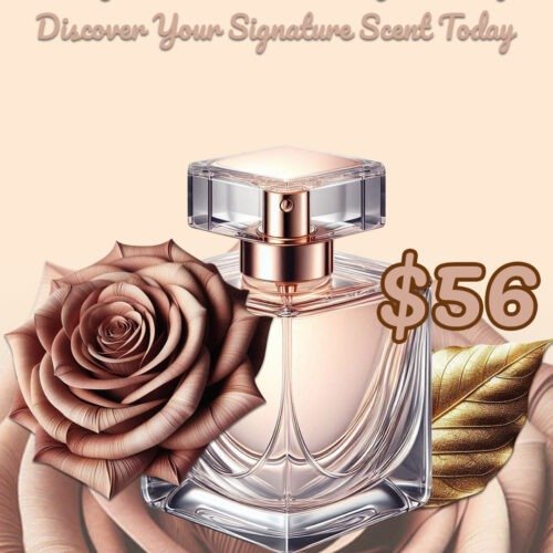 “Elegance in Every Drop” Social Media Story advertisement template featuring a rose gold perfume bottle with a price tag of $56, accompanied by a decorative rose and golden leaf against a soft peach background. The text “Discover Your Signature Scent Today” is displayed at the bottom.