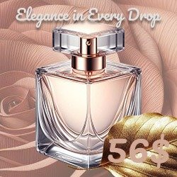 “Elegance in Every Drop” Google advertisement template featuring a rose gold perfume bottle with a price tag of $56, accompanied by a decorative rose and golden leaf against a soft peach background. The text “Discover Your Signature Scent Today” is displayed at the bottom.