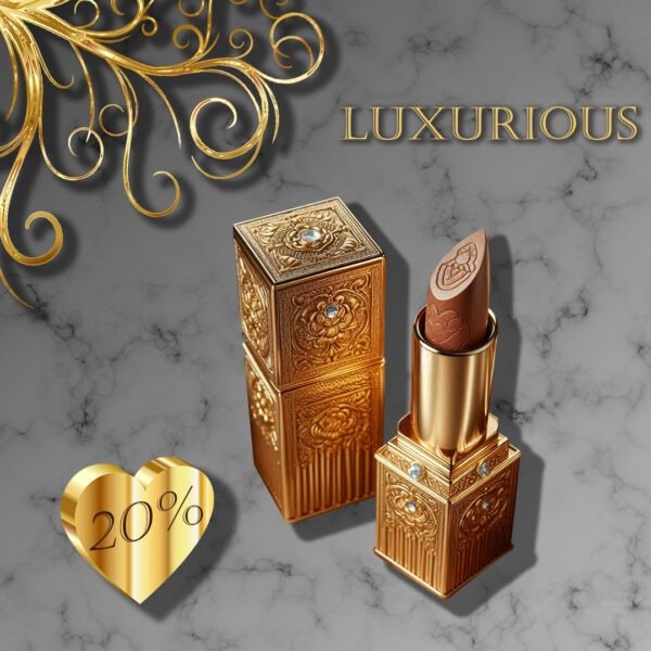 An advertisement featuring a luxurious gold lipstick with an intricate design, partially uncapped to reveal the product, placed next to its ornate case on a marble surface. A golden ornamental swirl and a heart-shaped emblem with “20%” are also present, suggesting a promotional discount on the item. The word “LUXURIOUS” is prominently displayed in uppercase letters at the top right corner, emphasizing the high-end nature of the product.