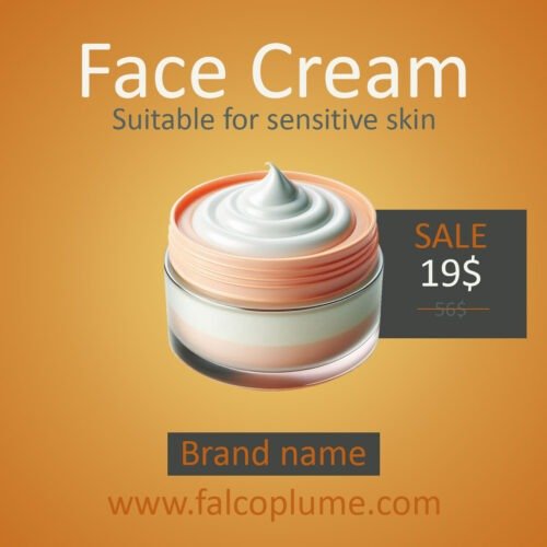 A graphic image of a face cream product against an orange background. The product is depicted as an open jar with a swirl of white cream on top, indicating its texture. Above the jar, the text reads “Face Cream” in large letters and “Suitable for sensitive skin” in smaller letters. To the right of the jar, there’s a sale tag with “19$” marked down from “55$”. Below the jar, there’s a placeholder for “Brand name” and a website address “www.falcoplume.com”.