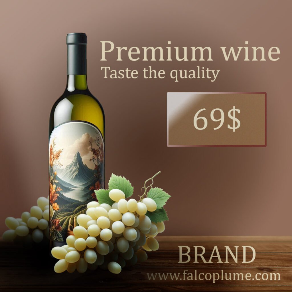 An advertisement featuring a bottle of premium wine with a label depicting a mountain landscape, placed next to a bunch of green grapes on a wooden surface. The text “Premium wine - Taste the quality” is displayed prominently at the top, with the price “$69” shown on a beige tag. Below, the brand’s website “www.falcoplume.com” is indicated. The background is in shades of brown, creating an elegant and sophisticated atmosphere.