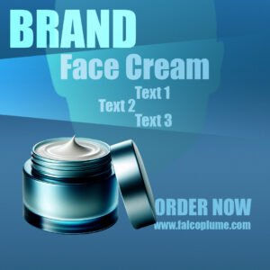 An advertisement featuring a jar of face cream with the lid partially off, revealing the cream inside. The background is a gradient of blue shades, and there are texts that read “BRAND,” “Face Cream,” and placeholders “Text1,” “Text2,” and “Text3.” A call to action at the bottom says “ORDER NOW” with a website address “www.falcoplume.com.”