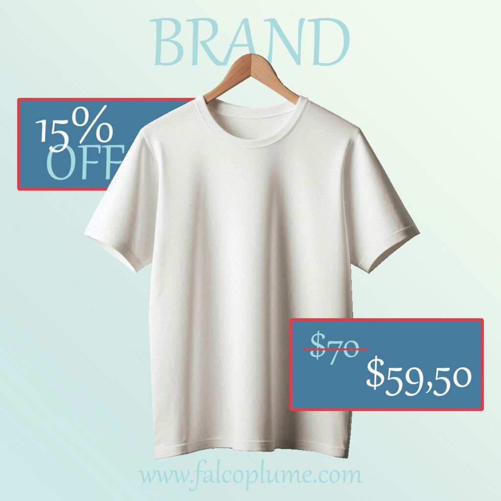 A plain white t-shirt hanging on a wooden hanger against a light blue background. There are two promotional graphics overlaid on the image: a red tag in the upper left corner with “15% OFF” written in white text, and a larger blue rectangular tag near the bottom right corner displaying an original price of “$70” crossed out, above a discounted price of “$59.50” in white text. The website “www.falcoplume.com” is indicated at the bottom of the image in small white letters.