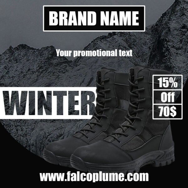 Advertisement for winter boots with a mountainous background. The image features a pair of black winter boots prominently displayed in the foreground. The text includes placeholders for "BRAND NAME" and "Your promotional text." The word "WINTER" is written in large, bold letters. There is a promotional offer of "15% Off 70$" and a website URL "www.falcoplume.com" at the bottom.